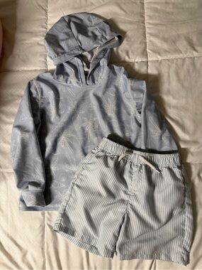 Boys Hooded Swim Rashguard and Swim Shorts - Light Blue